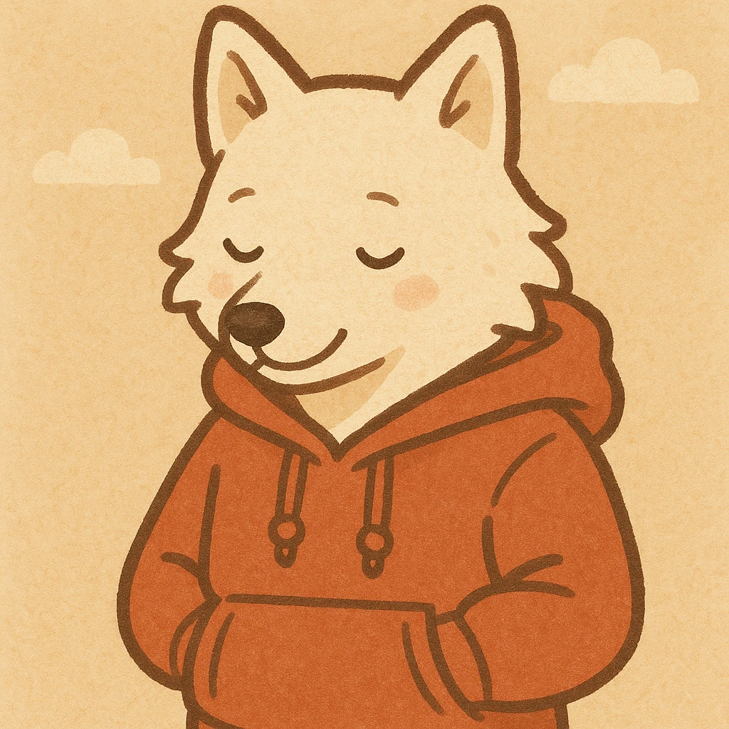 white wolf in a red hoodie, cartoon style, simple background emoji