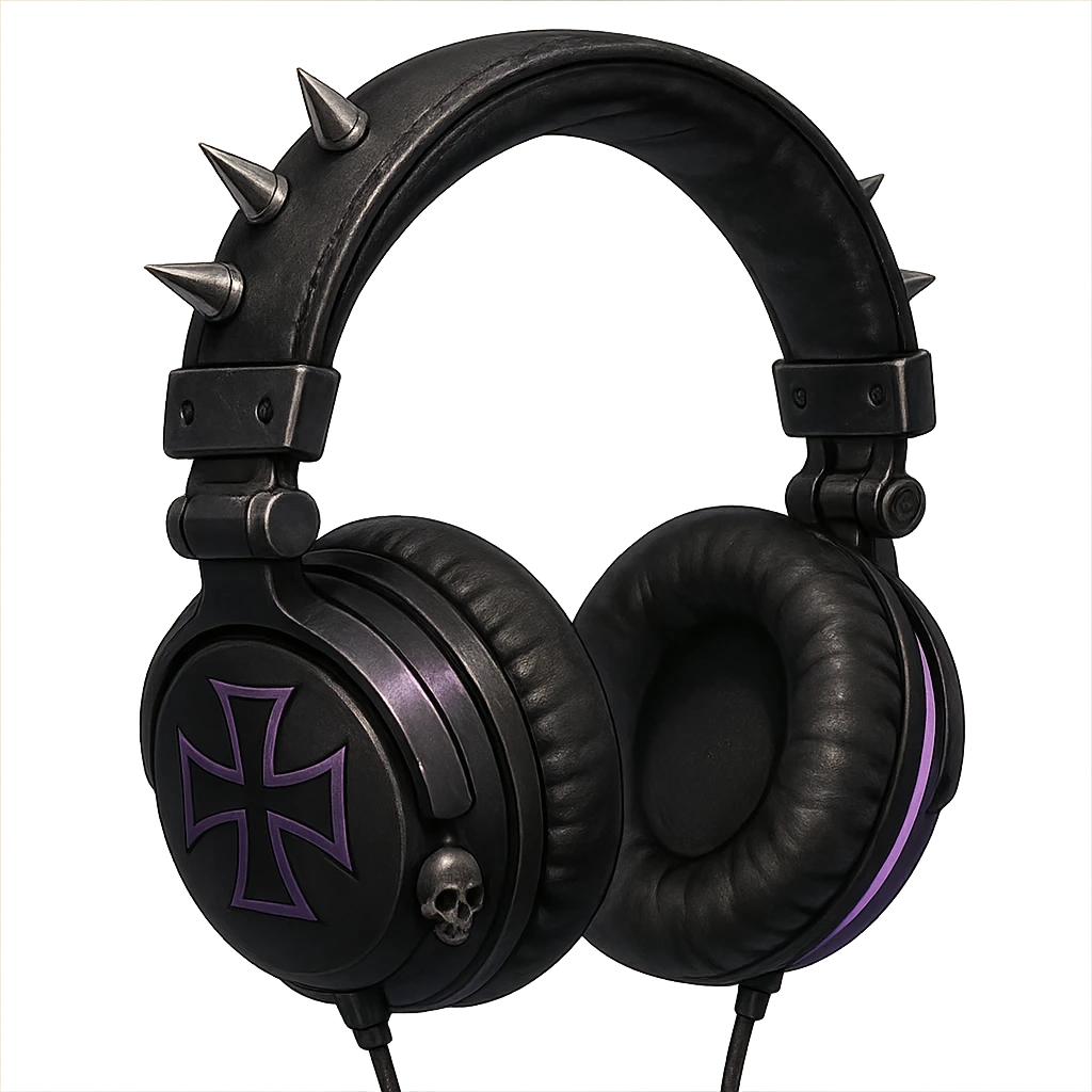 goth headphones, black with purple accents, realistic anime style emoji