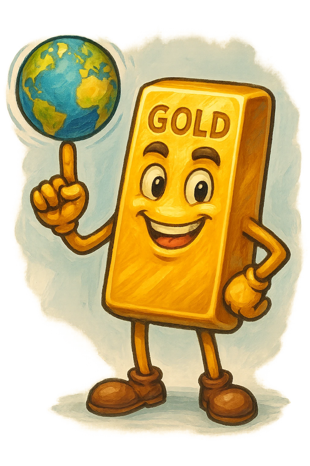 В cлегка рисованной, но при этом объемной и яркой стилистике сгенерируй картинку где слиток золото с руками и ногами стоит и смотрит на зрителя улыбается, в одной руке он на указательном пальце держит вертящуюся землю, как баскетбольный мяч, прозрачный фон emoji