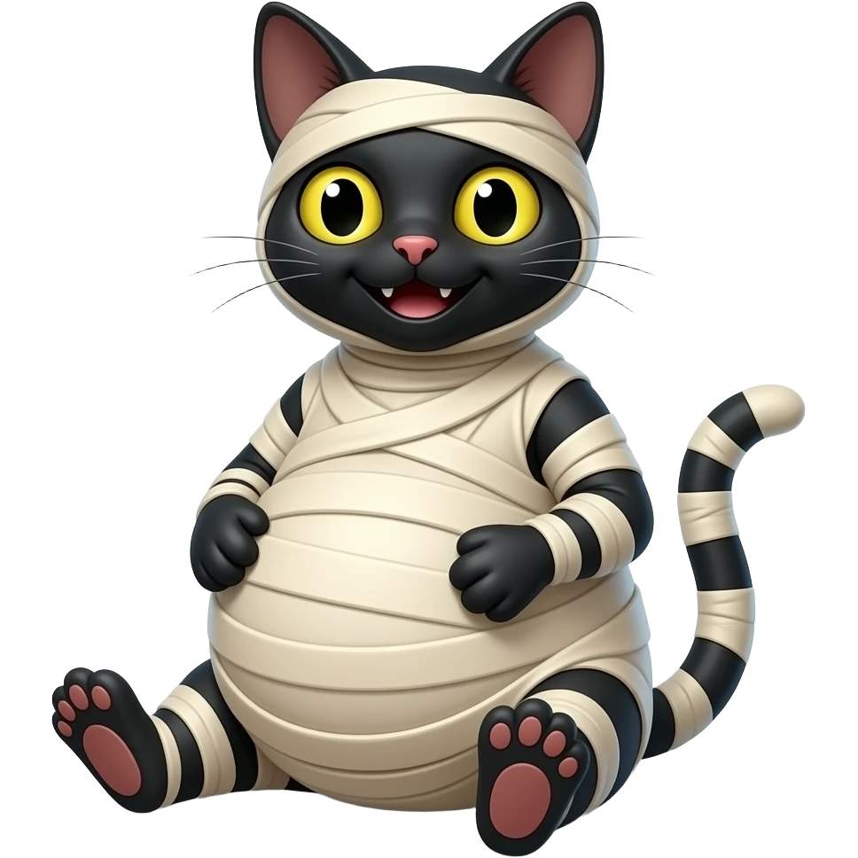 #B8FFFF Mummified black cat sitting down happy with a  very huge pregnant belly emoji