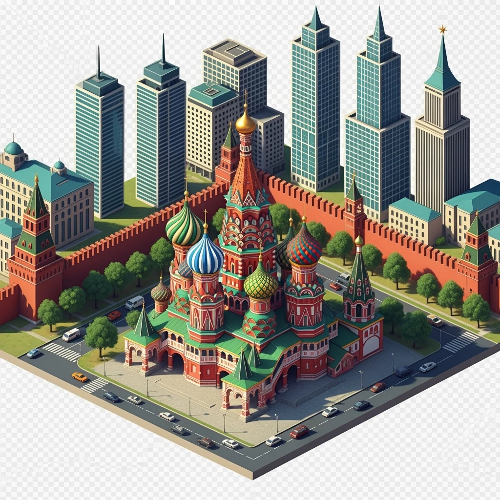 Isometric illustration of Moscow, featuring photorealistic Saint Basil's Cathedral with colorful onion domes, highly detailed in semi-realistic style, balanced between stylized and realistic, 3D miniature effect with a slight hand-painted touch - transparent background emoji