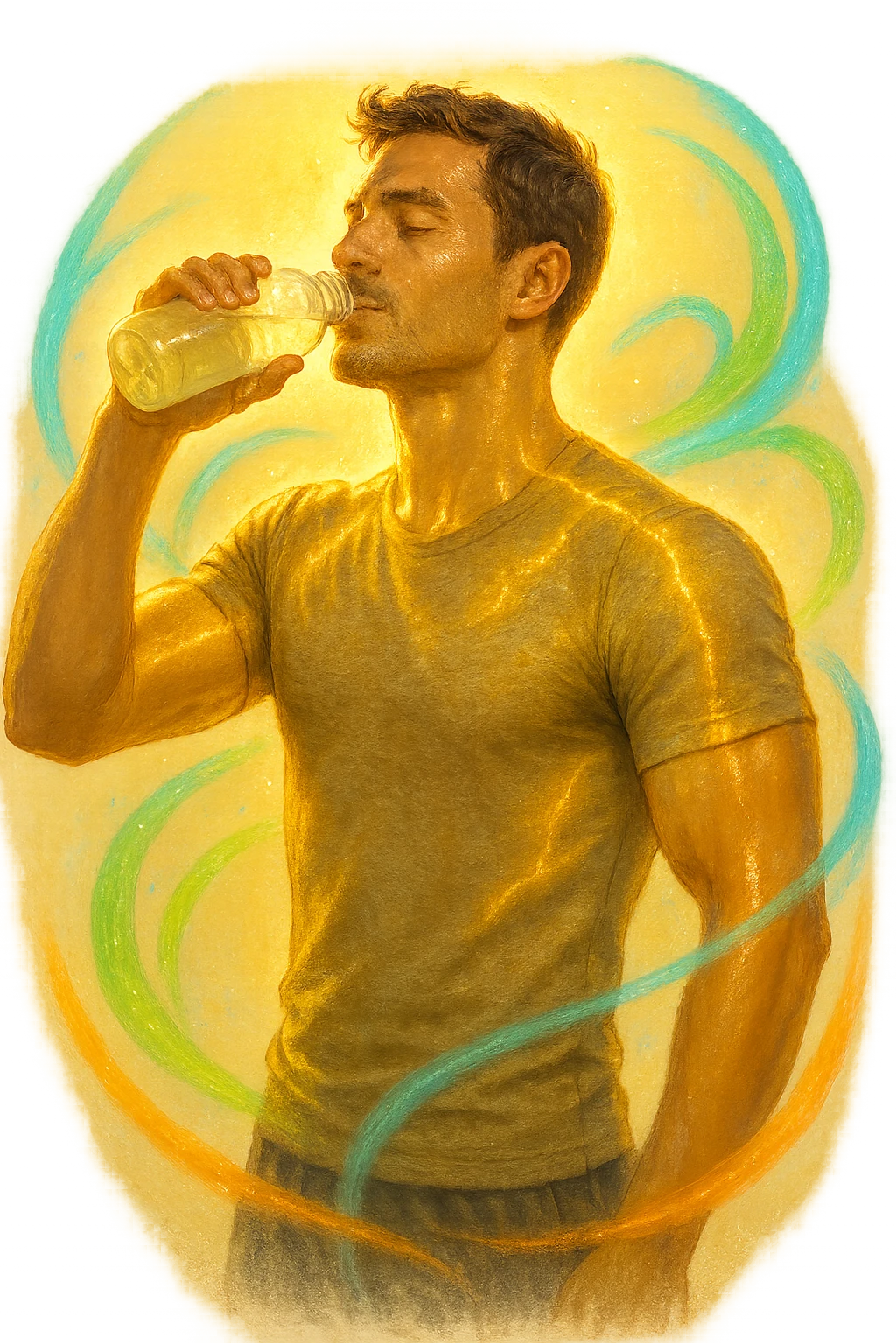 Uomo atletico sui 30 anni, al mattino presto, mentre beve una bevanda trasparente ricca di elettroliti da una borraccia. Il suo corpo è illuminato da una luce naturale dorata e mostra una leggera aura energetica attorno ai muscoli, simbolo di rigenerazione e recupero. Espressione rilassata e vitale, pelle idratata e luminosa. Intorno a lui flussi leggeri e colorati (blu, verde, arancio) rappresentano il bilanciamento degli elettroliti: sodio, potassio, magnesio. Ambiente naturale o cucina moderna minimalista. Atmosfera positiva, pulita e rinvigorente. emoji