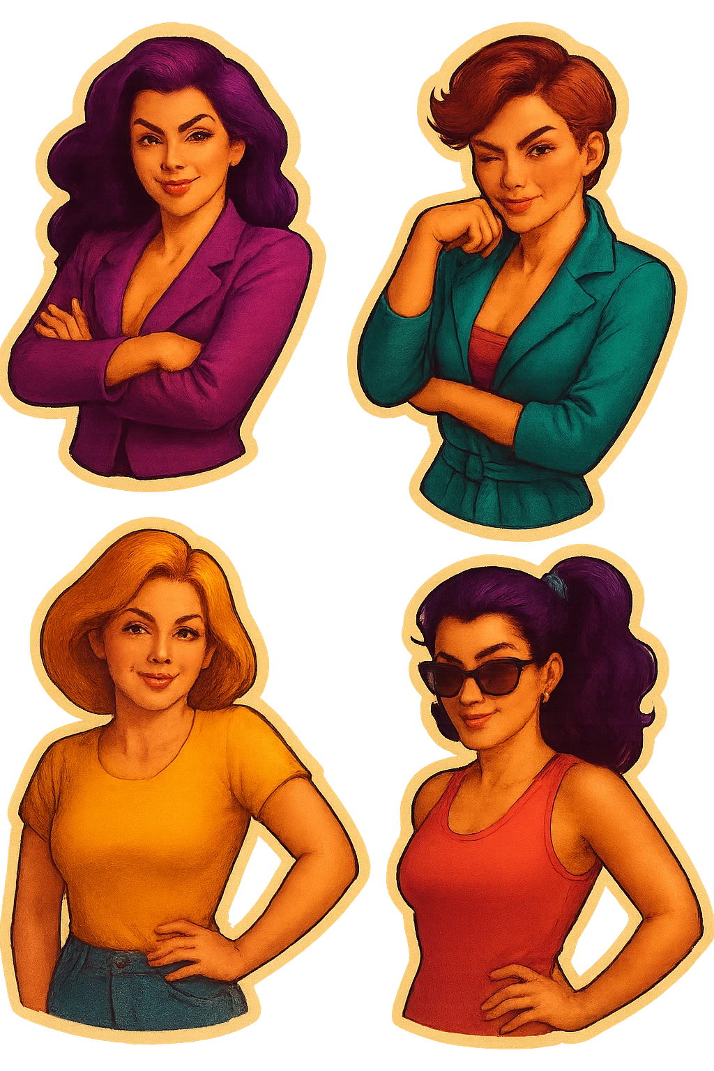 lesbian sticker pack - women who made it for women who love women - bossy dominative style, assertive mood, more tempting and quirky, add more emotions, retro stickers style emoji