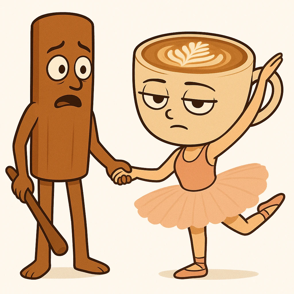Edit the coffee cup character to have a 'whatever' expression and the cinnamon stick character to have a surprised expression, keeping the same quality and style as the reference image. emoji