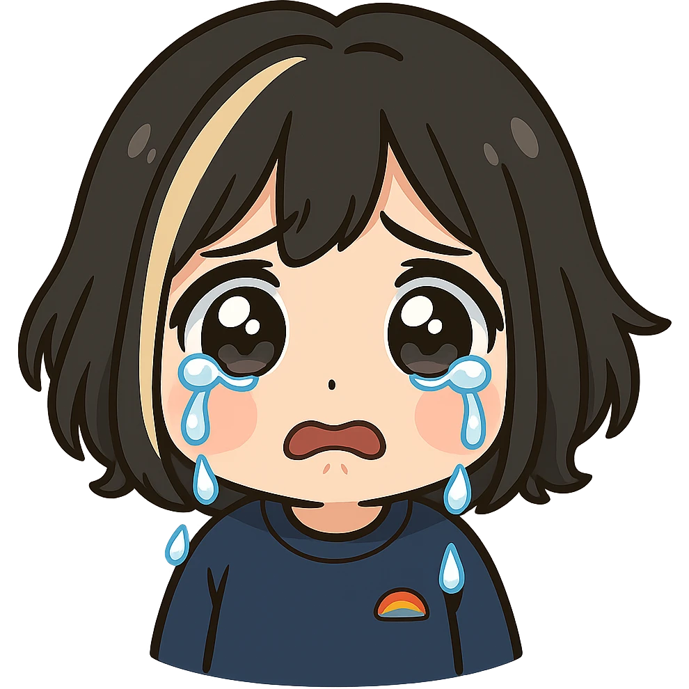 Edit this exact chibi girl in the same anime chibi style, keeping the face, hair, and outfit identical. Add big teary eyes, tears streaming down her cheeks, and a sad expression to make her look like she is crying. The background should be transparent and the image sized for Twitch emoji use. emoji
