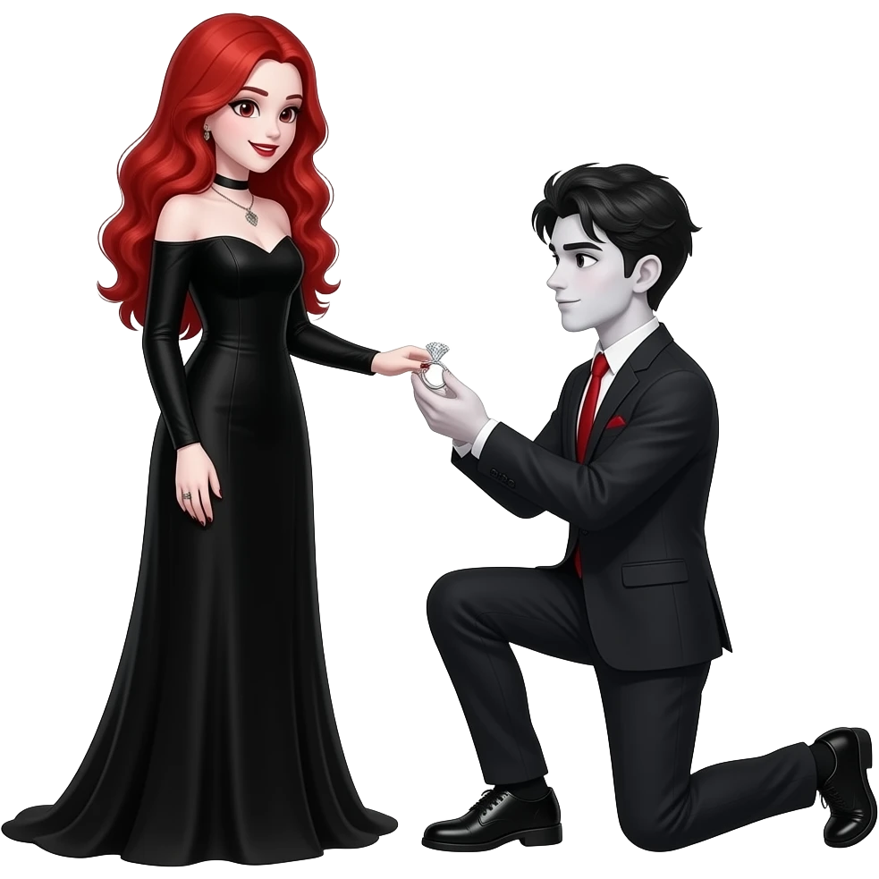 Vampiro femmina ADOLESCENTE con pelle bianca e capelli rosso ondulati lunghi che indossa un vestito nero LUNGO con le maniche lunghe e il suo ragazzo VAMPIRO ADOLESCENTE con la pelle bianca e le scarpe nere si inginocchia e le chiede di sposarlo con un anello d'argento con un diamante emoji