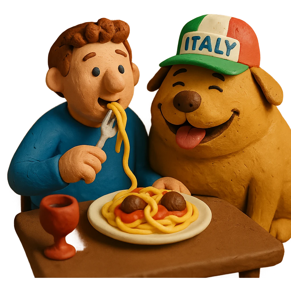 claymation style guy in Italy eating pasta with a huge, happy, fat whale of a dog wearing an Italy hat emoji