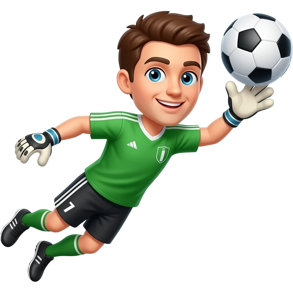 faça umgoleiro de camiseta verde, short conza, olhos azuis, cabelo marron, sorrindo se jogando para a direita como se fosse pegar uma bola emoji