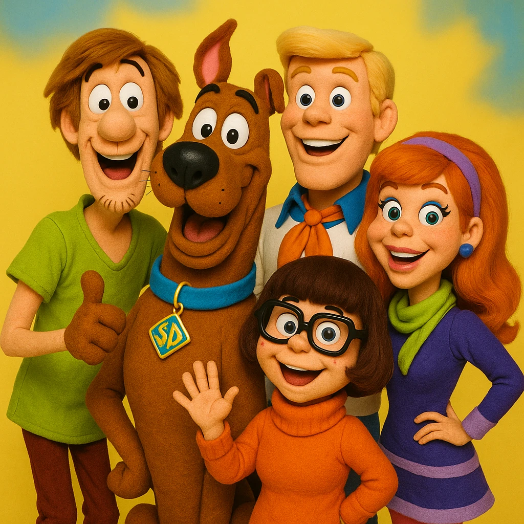 scooby doo sous forme des marionnette style minikeums la célèbre émission française

 emoji