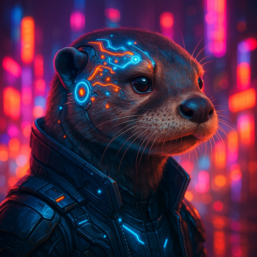 futuristic otter portrait, glowing neural implants, neon city lights, cyberpunk aesthetic emoji