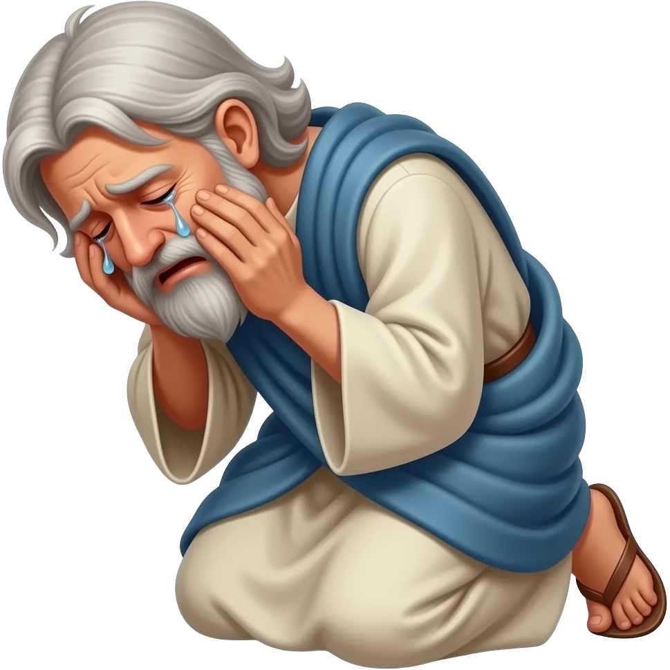An old man wearing draped clothing from biblical times, on his knees crying and suffering emoji