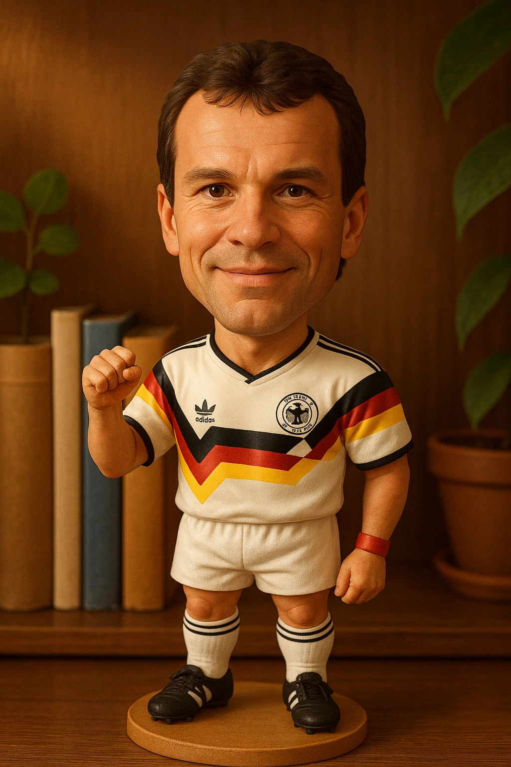 Молодой Лотар Маттеус в форме сборной Германии 1990 смотрит на прямо на зрителя и слегка улыбается, освещение с левой верхней стороны кадра emoji