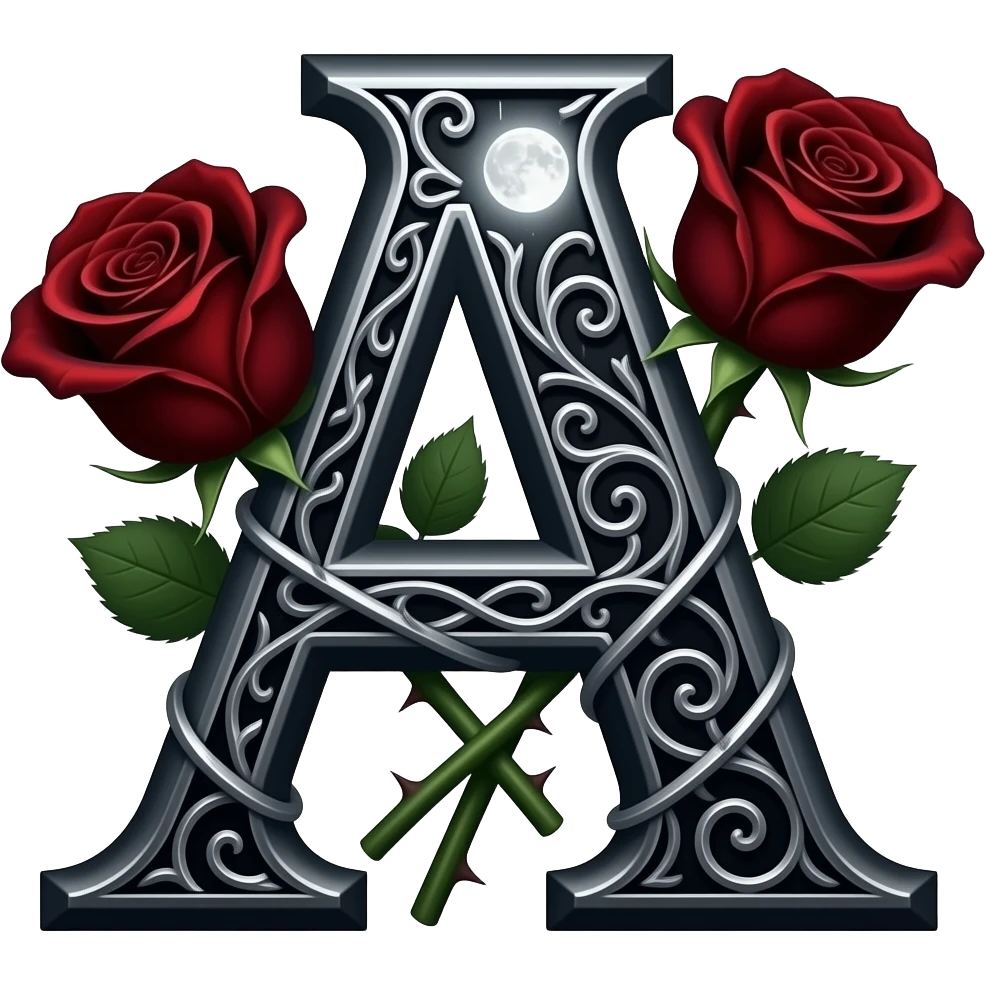 A heavy obsidian letter 'A' with silver filigree engraving. Deep red velvet roses with thorny stems wrap over the letter. Glowing moonlight effect, dark and moody atmosphere, high contrast, cinematic emoji