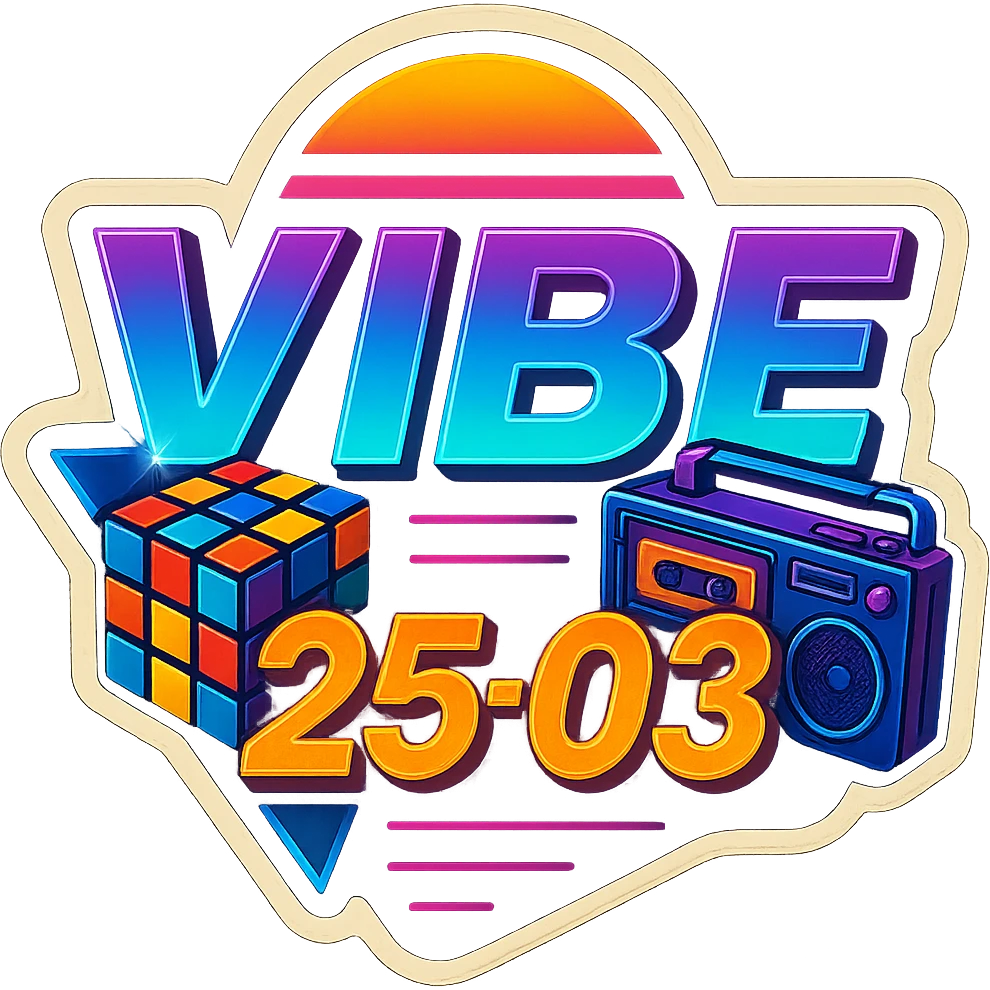 Add a Rubik's cube and a cassette player to this 80's retro VIBE25-03 logo, keeping the neon synthwave style and vibrant colors, with no background. Maintain the vibrant neon synthwave aesthetic and retro vibe. emoji
