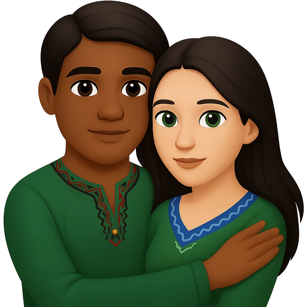 Edit the image in apple emoji style with no background. Change the man to have a darker skin tone, short hair, and brown eyes. Keep the woman with long dark hair and green eyes. Depict a young Métis man and young white woman in a loving embrace. emoji