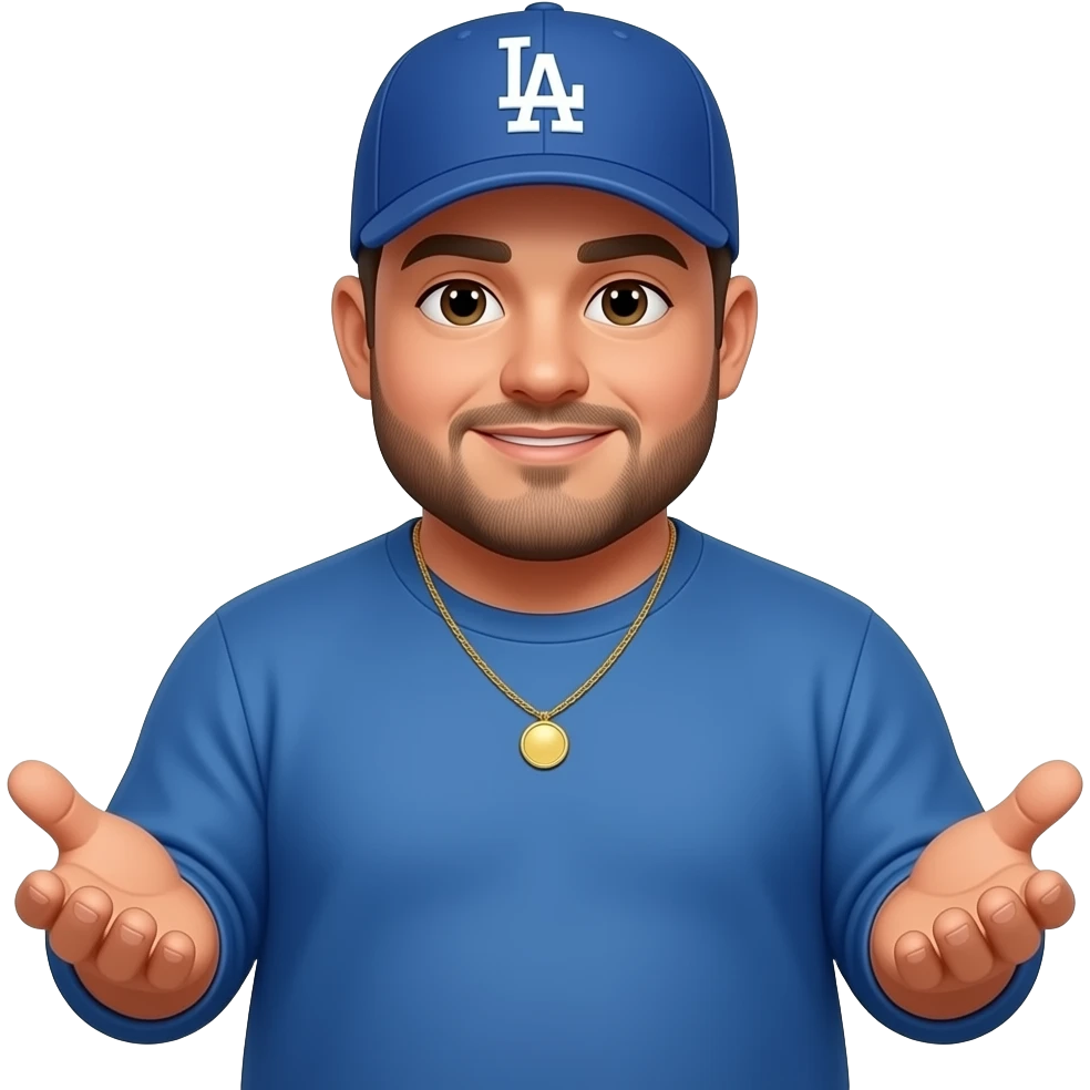 chubby man with a light honey skin complextion with lightly shaved black beard wearing a blue Los Angeles Dodgers baseball cap wearing a long sleeve blue shirt wearing a gold tennis necklace holding hands out emoji
