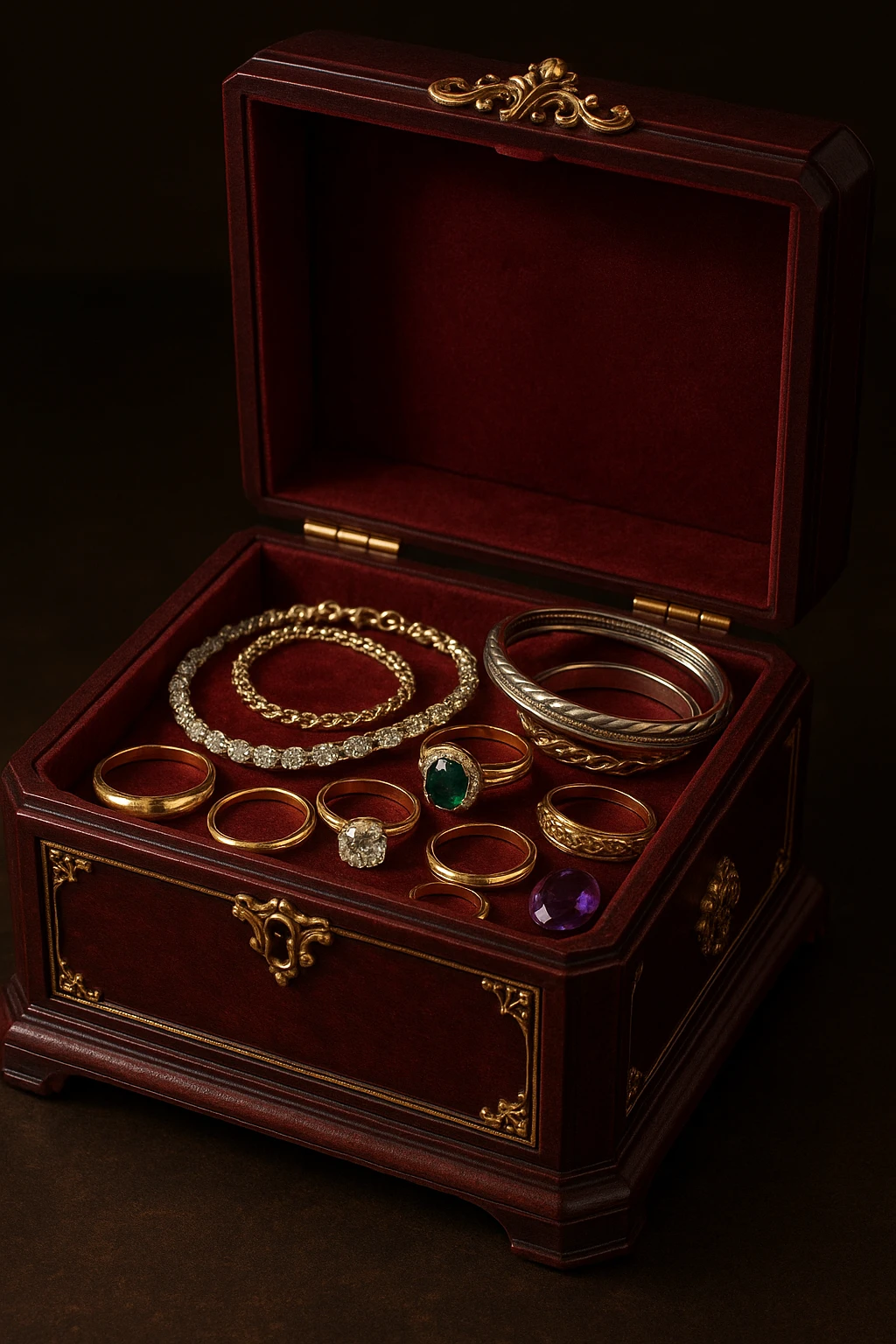 a dark red jewelry box filled with assorted jewelry, elegant and detailed emoji