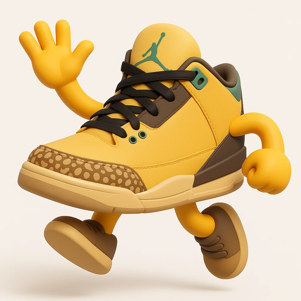 Create a sneaker character in a jumping pose with arms and legs, inspired by the reference image, in a 3D emoji style. The style should resemble Microsoft style 3D fluent emojis with a playful and dynamic pose. emoji