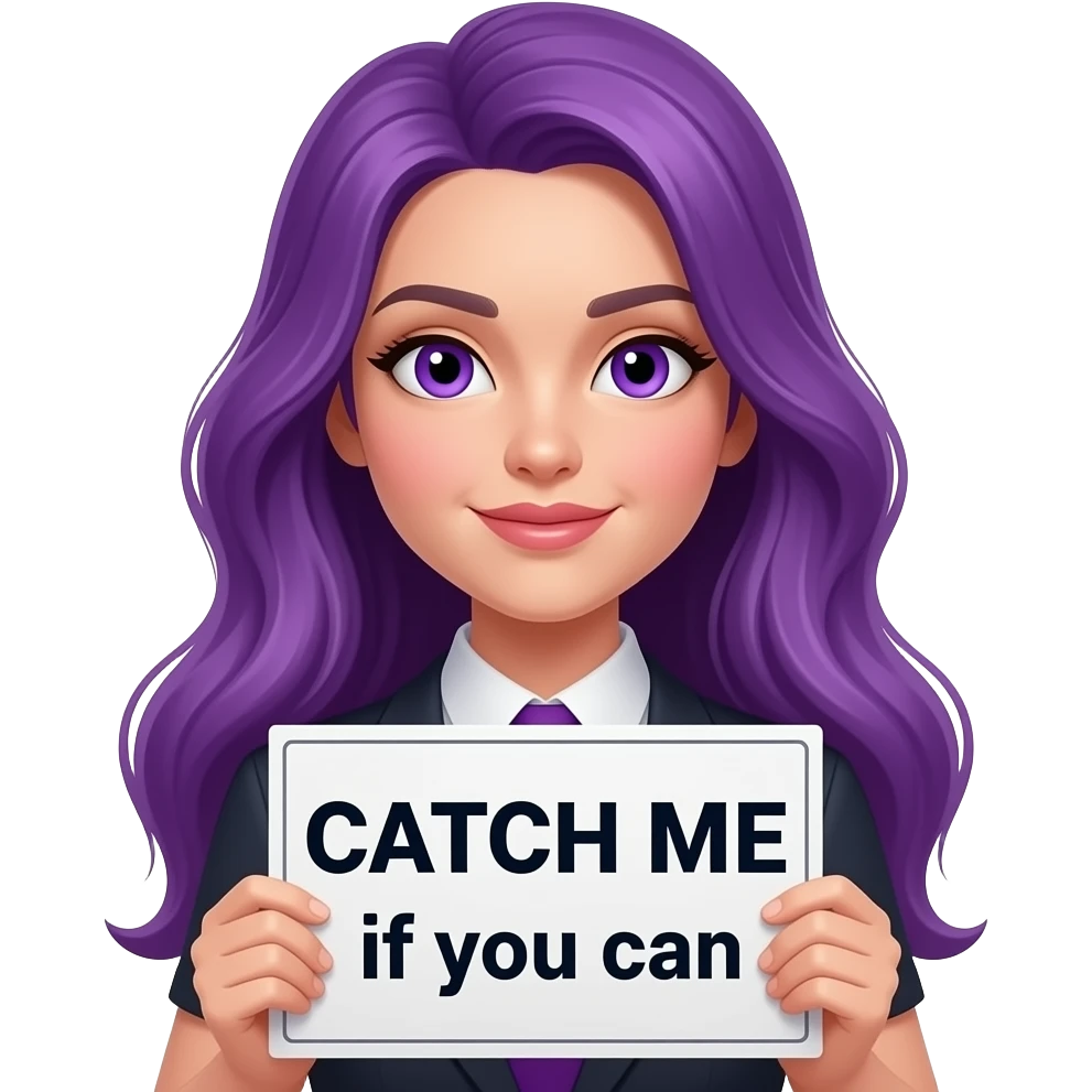 sexy girl with long purple hair and purple eyes holding a CATCH ME if you can sign emoji