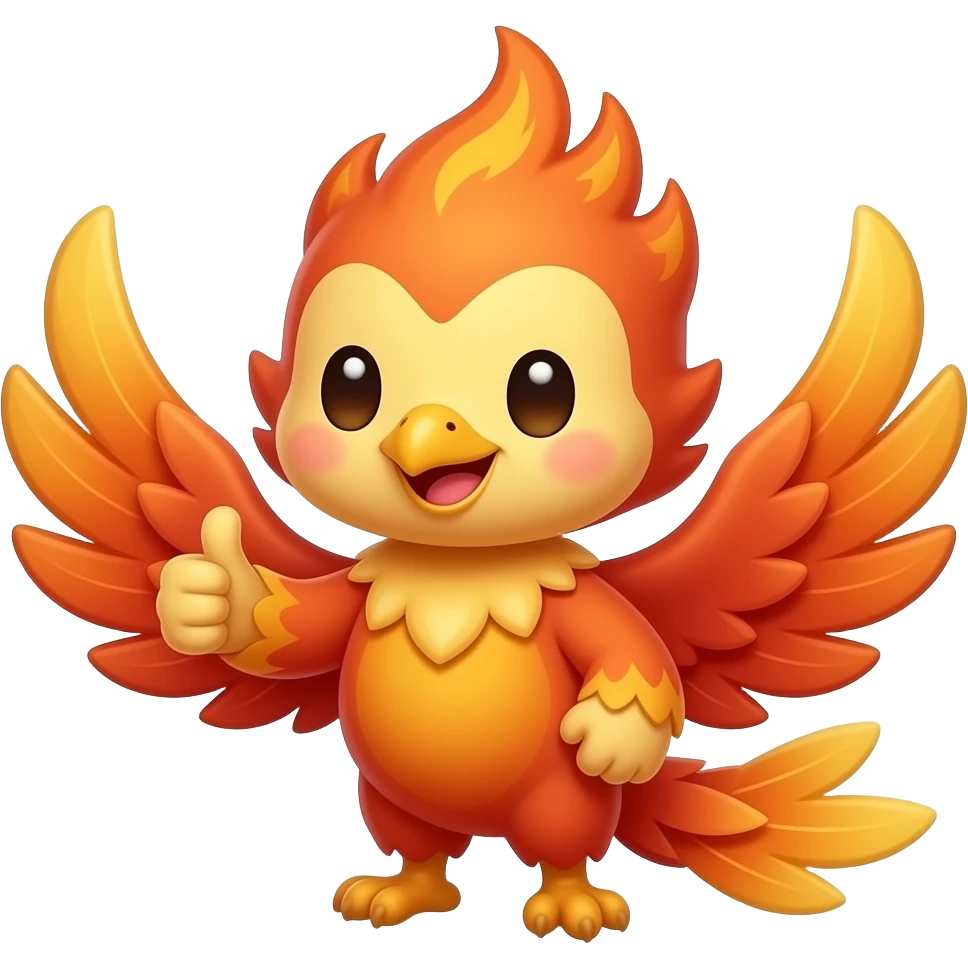 friendly chibi phoenix giving thumbs up gesture with wing, smiling expression, soft flames, warm colors, bold outline, discord emoji style, transparent background emoji
