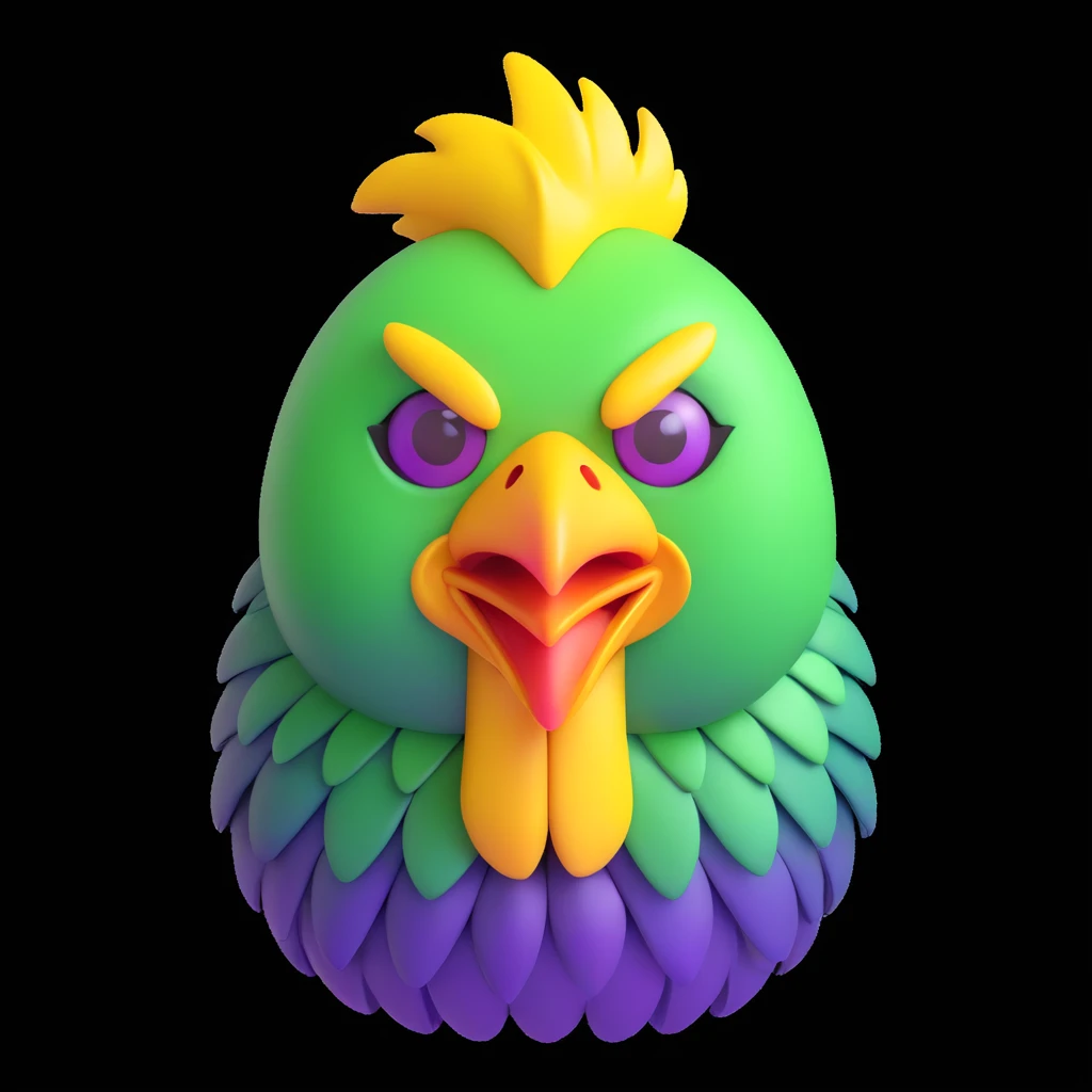 3D cartoon emoji of a chicken alien hybrid with an angular green head, lopsided chicken comb, three bright yellow eyes, shiny metal beak, body covered in jagged purple scales instead of feathers, toxic green background, crisp lines, bold contrast emoji