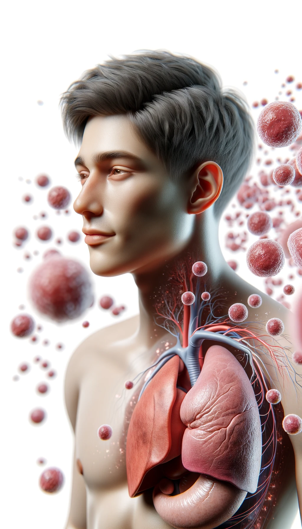 corpo umano anatomico con capelli corti e gli occhi chiusi, intorno a lui fluttuano cellule, fegato in evidenza, ha l'espressione rilassata, visto dal fianco iperrealistica 4k, isolato su sfondo bianco emoji