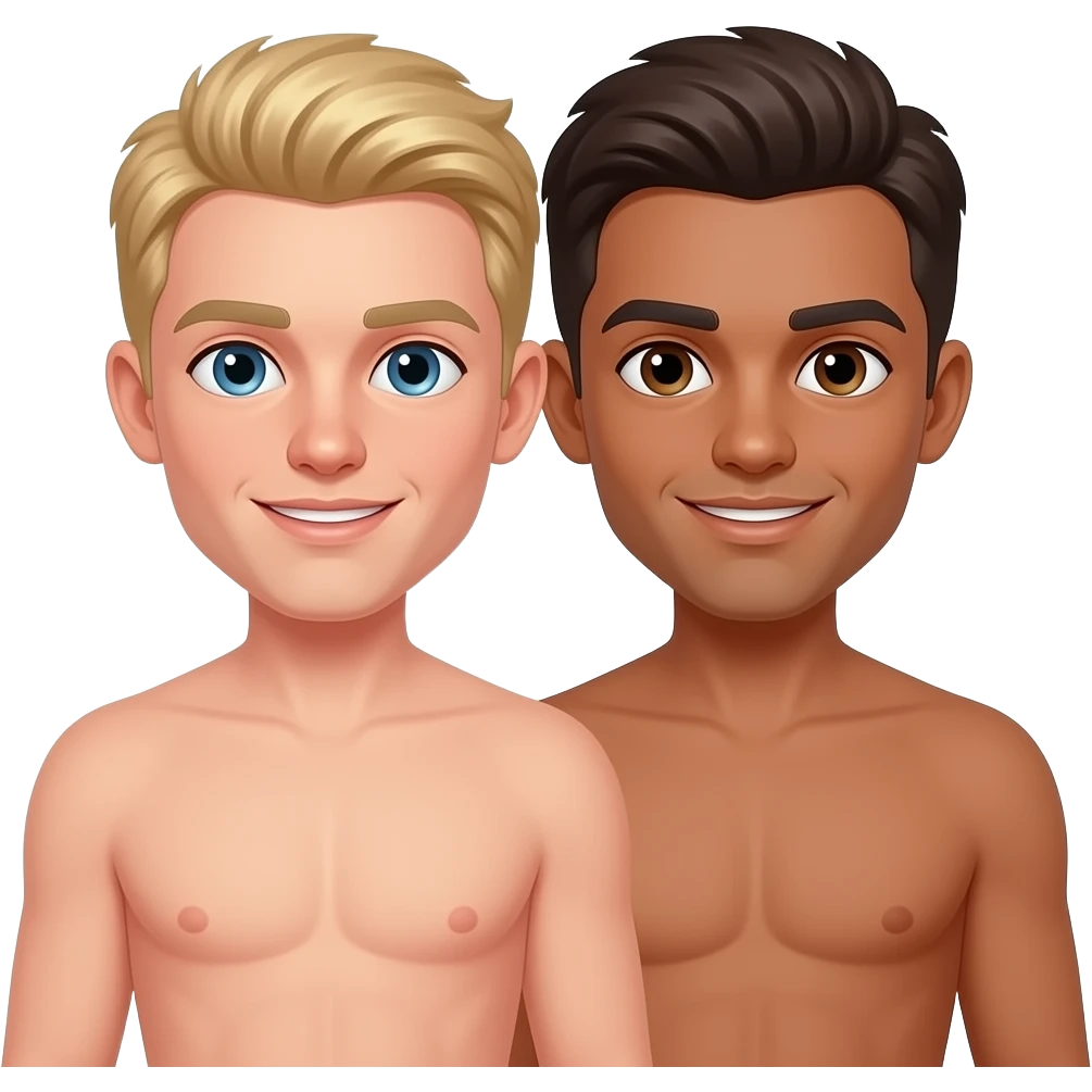 Make a gay couple on a Date , one has light Skin with Blond Hair and Blue Eyes, the other one has slightly brown skin witz dark Brown Hair and Brown Eyes. They are naked. emoji