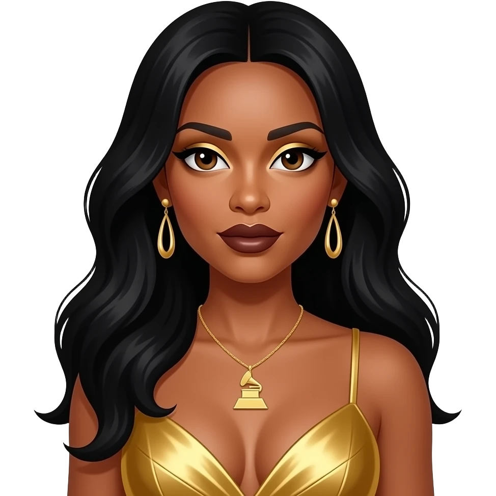 Tenitra Michelle Williams from Destiny's Child with brown eyes, long black hair, gold eyeshadow, dark brown lipstick, gold grammy dress, necklace and earrings emoji