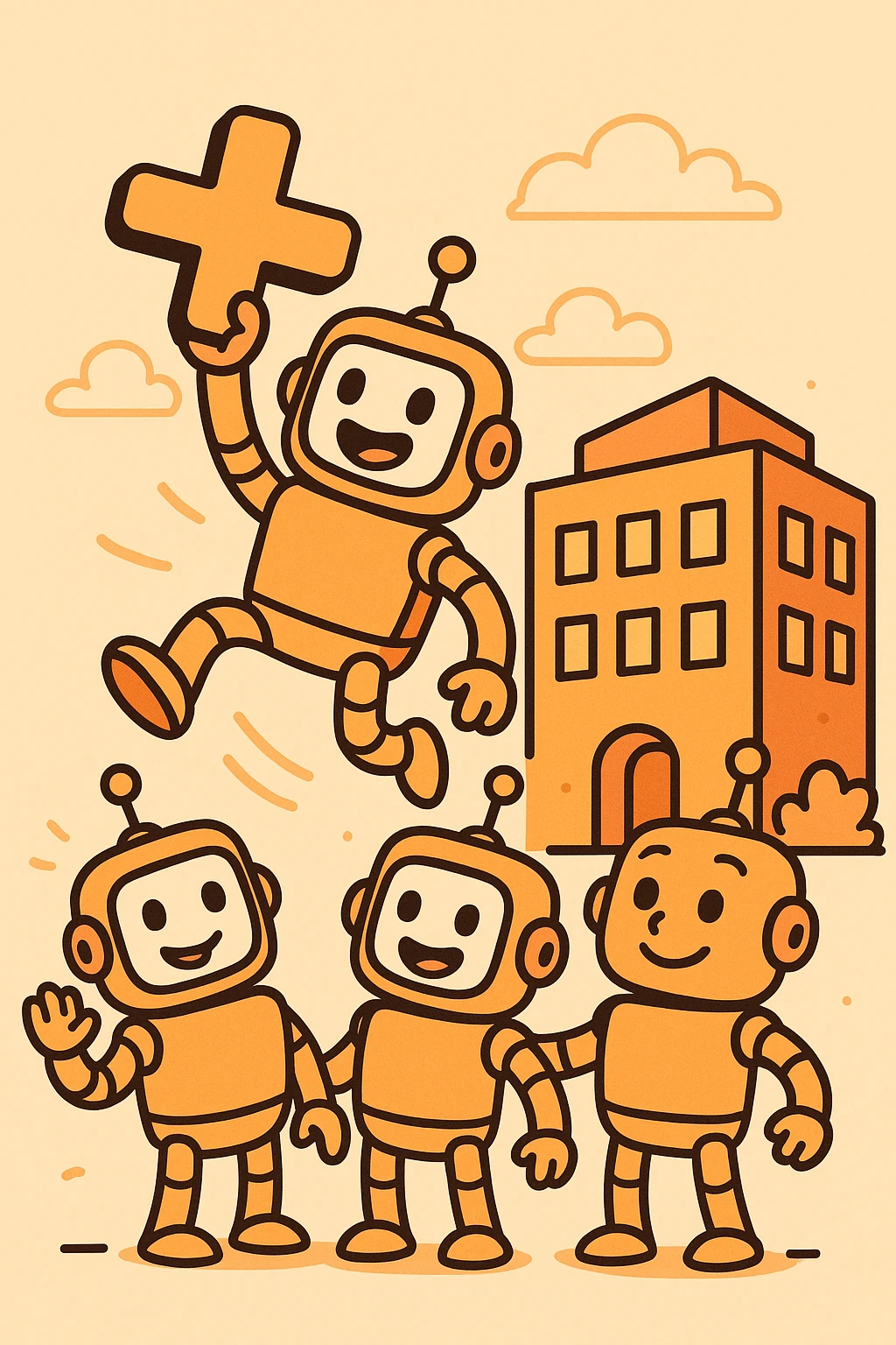 playful flat icon with a group of cheerful robots, one jumping and holding a large orange plus sign, in front of a whimsical orange office building, orange-themed, fun, for a new customer organization created Slack webhook bot for a B2B SaaS LLM evaluation company emoji