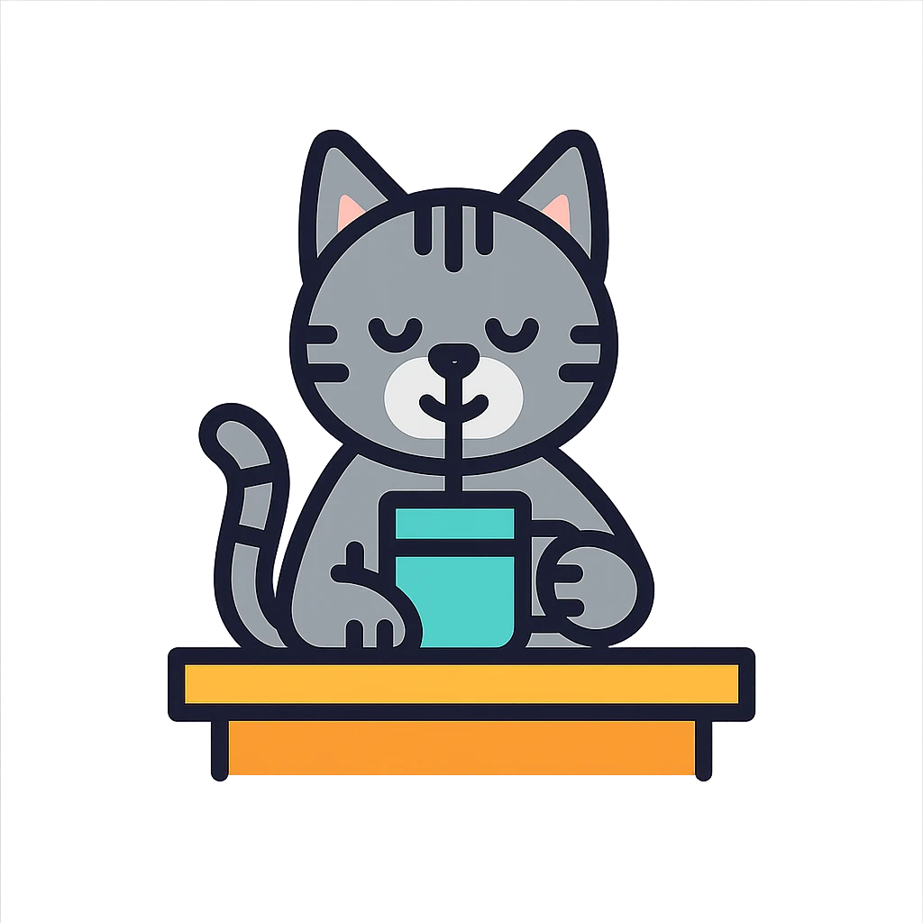 A gray striped cat sitting at a table drinking water from a mug emoji