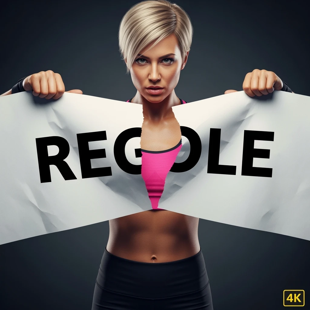 DONNA FITNESS CHE STRAPPA UN FOGLIO CON LA SCRITTA "REGOLE", IPERREALISTICA 4K, SENZA SFONDO emoji