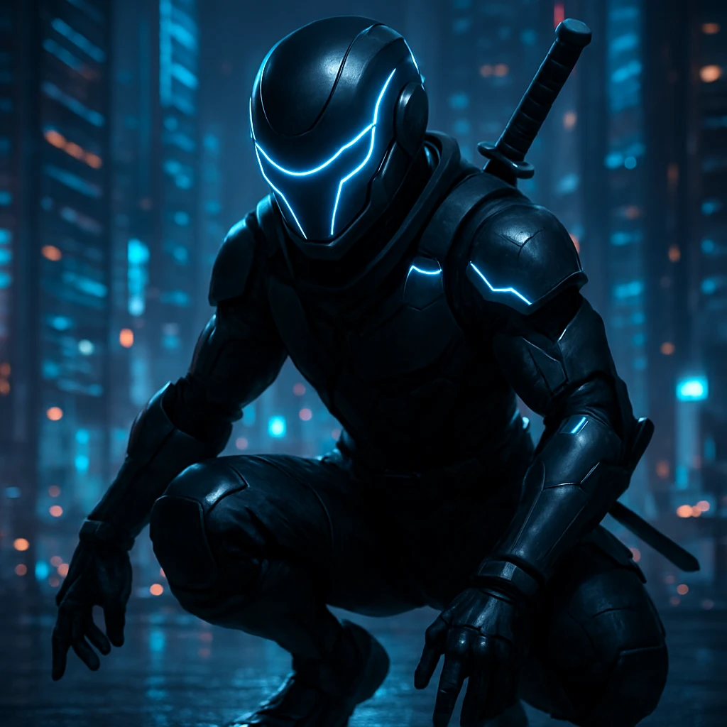 cyber ninja, sleek helmet, neon blue highlights, crouched stance, cityscape background emoji