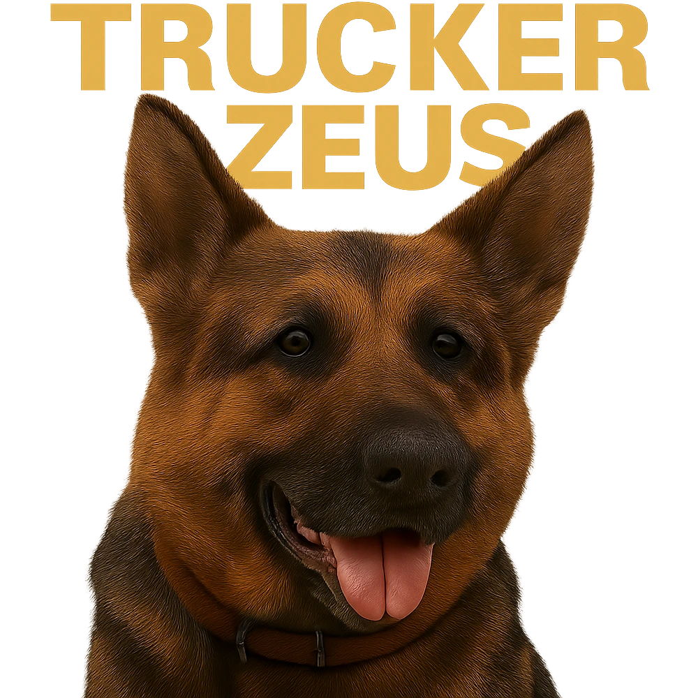 Convert the image to JPEG format with a white background if transparency is not supported. Keep the realistic German Shepherd and yellow 'Trucker Zeus' text. Maximize compression for smallest file size. emoji