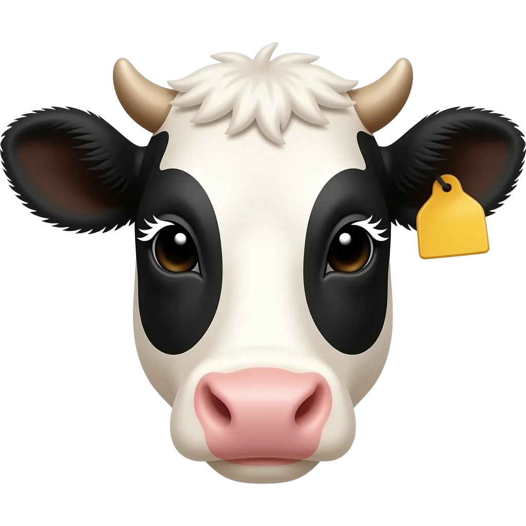 a beautiful cow head with white eylashes and with a yellow tag in its ear emoji