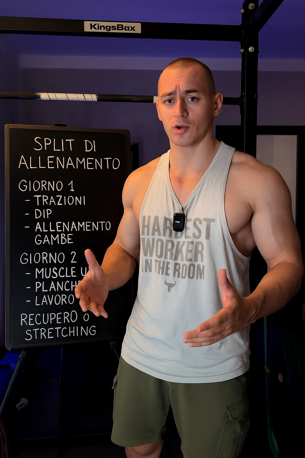 uomo che spiega alla lavagna la "Split di Allenamento" per lo streetlifting. tutto in italiano emoji