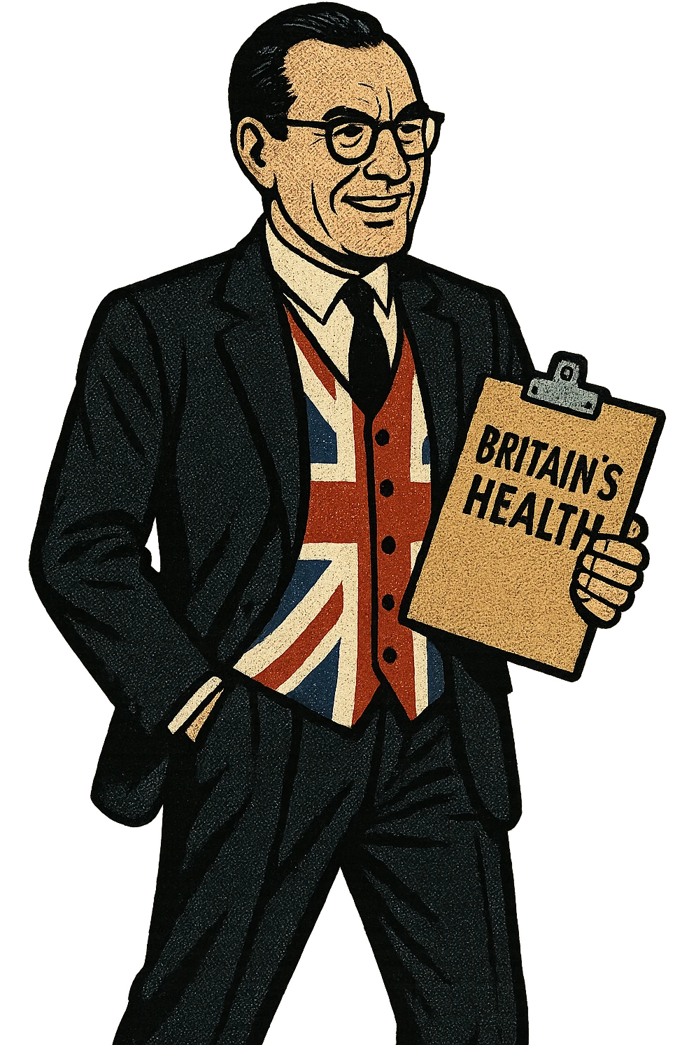 A full body image of a British politician from the 1960s wearing a union jack waistcoat and holding a clipboard with the words 'Britain's Health' written on it. emoji