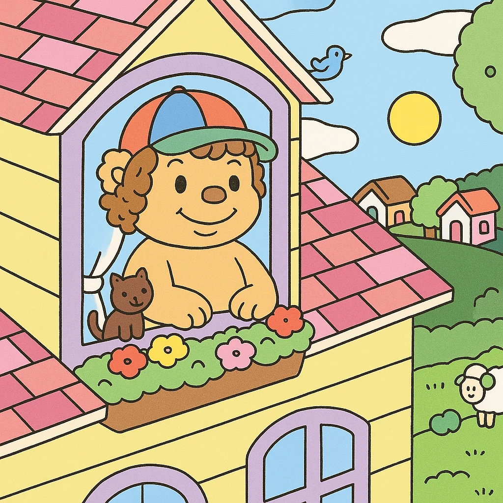 Replace the bear in the window with the Dustin-bear version from the first image: cute body, colorful cap, curly hair, friendly smile, keeping the Bobbie Goods style and colorful scene. Keep the rest of the scene unchanged including the cat, flowers, and background. emoji