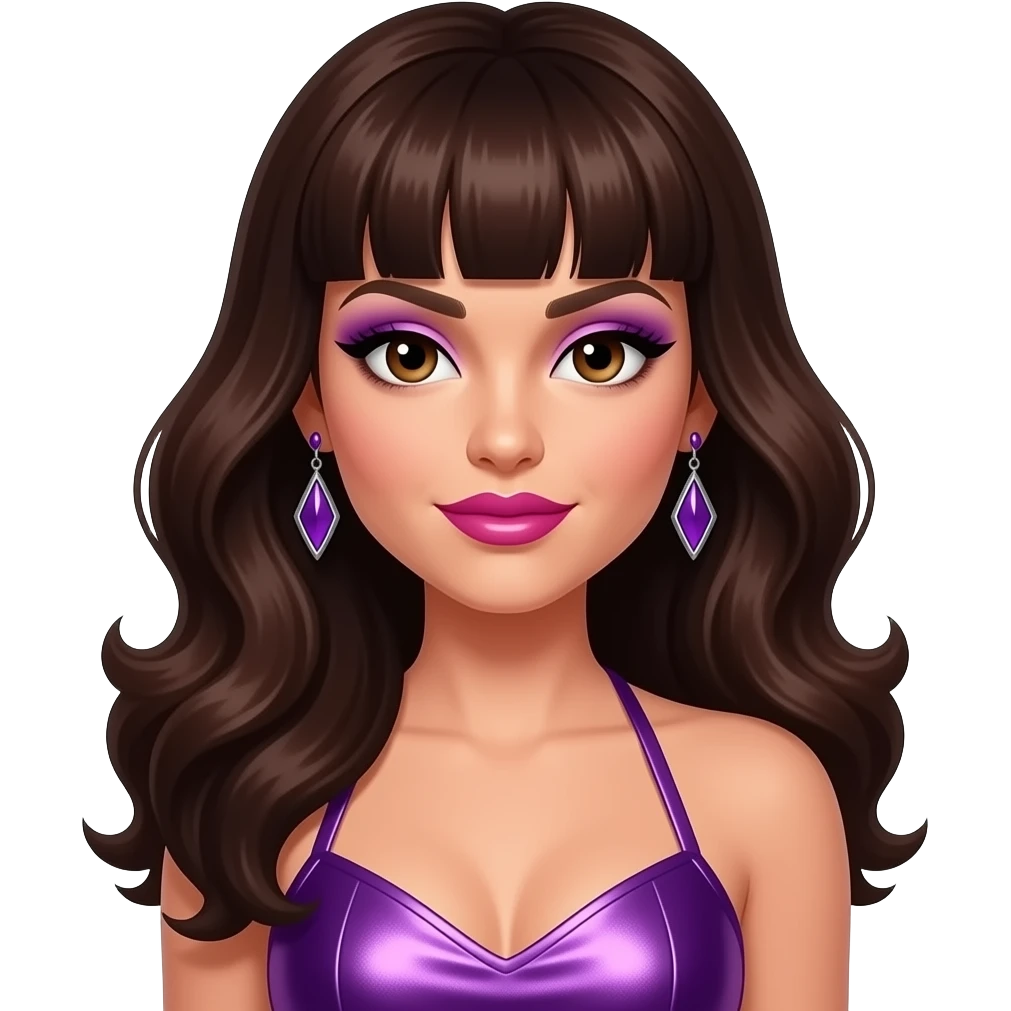 Jessica Sutta from The Pussycat Dolls with hazel eyes, long dark brown pin-up bang hair, purple eyeshadow, hot pink lipstick, purple metallic halter dress, earrings emoji