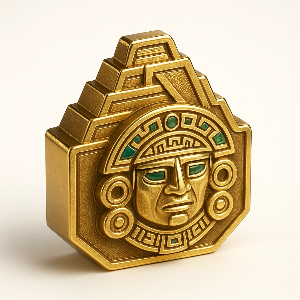 Inca logo featuring a stepped pyramid, intricate linework, gold and emerald green, elegant and timeless emoji
