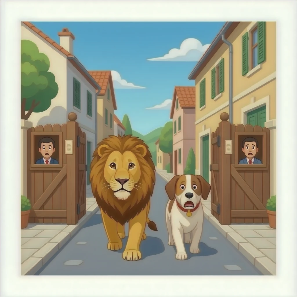 quiero que en un pueblo este un leon y un perro andando porel pueblo y que las persoans esten en las acsas cerrradas con madera para que no entren y que no hayan personas en la calle la puertas cerradas con madera y la gente con miedo emoji