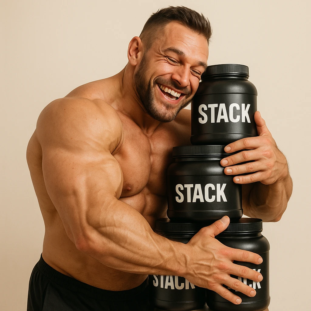 hyper realistic muscular bodybuilder happily hugging a stack of supplements labeled 'stack', joyful expression, realistic details, positive atmosphere, light background emoji