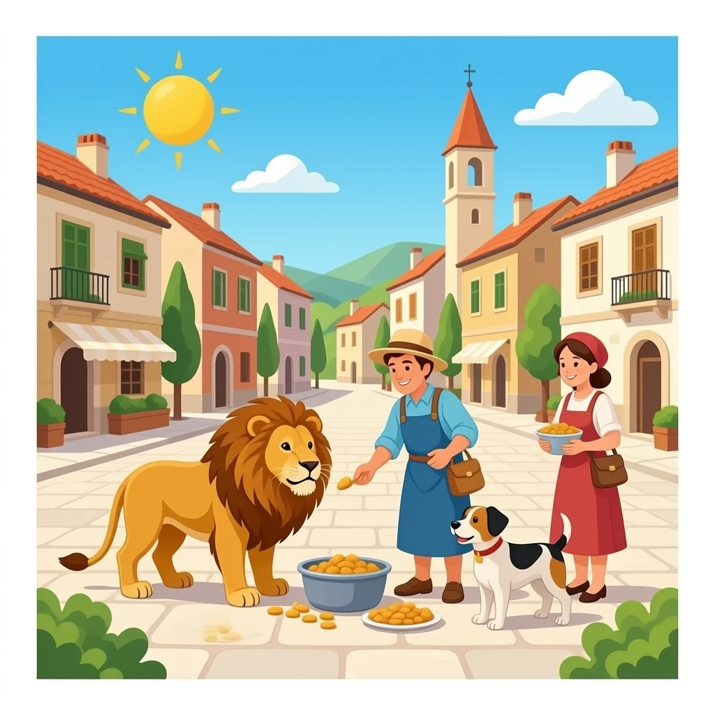 quiero que en un pueblo los habitantes que tengan mido a los leones y a los perros pero que les de comida emoji