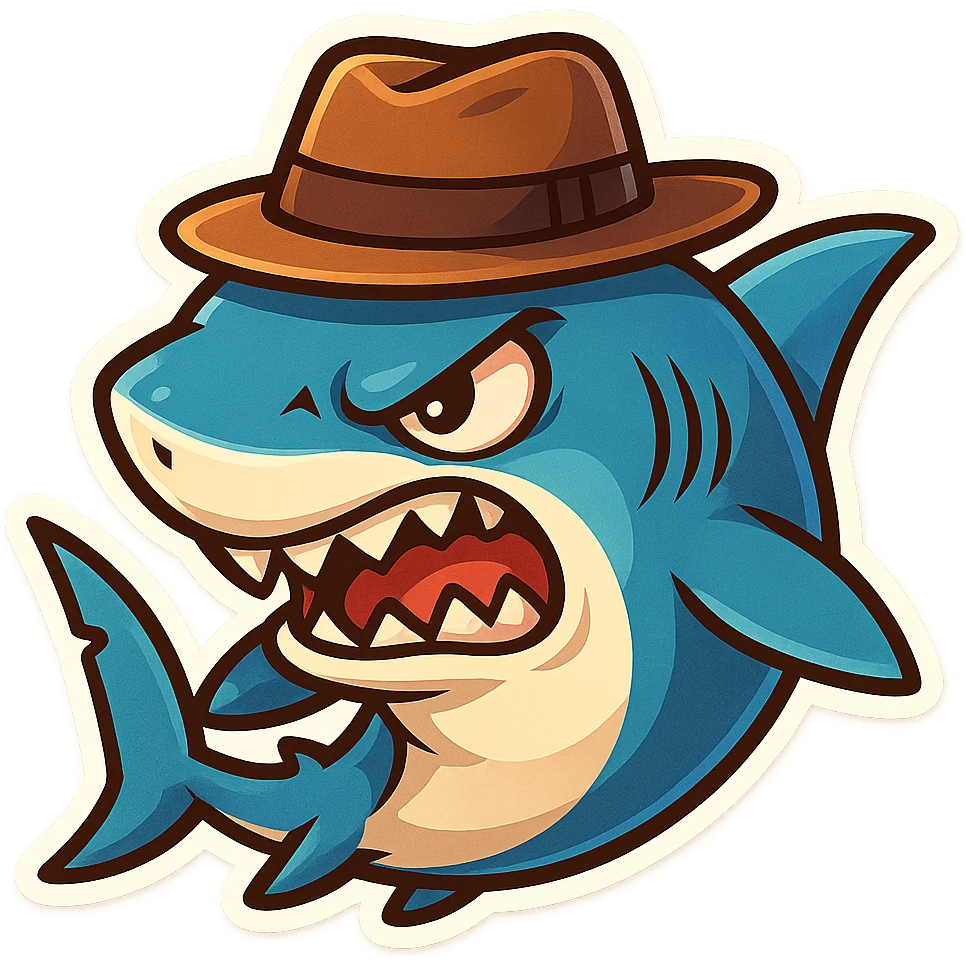 mad shark in a fedora, stylized, energetic, chibi stickers style, vibrant colors emoji