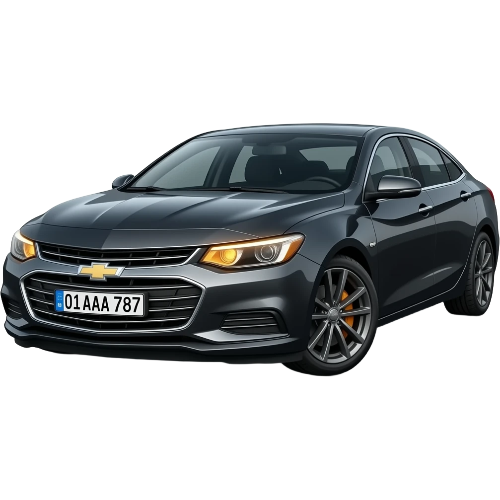 A realistic icon emoji of a metallic black sedan Chevrolet Malibu 2.0L Turbo Premier, front 3/4 view, dark charcoal tint windows, black alloy 5-spoke rims, Dynamic amber glow LED headlights with sharp laser-beam effect, uzbekistan flag region, number texts "🇺🇿 01 AAA 787" in plate emoji