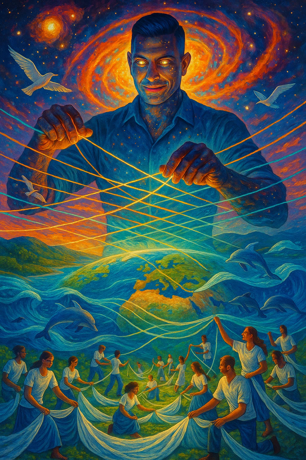 Uomo del 2030 al telaio gigante cosmico che tesse il destino del pianeta con fili di cotone stellare, ogni fibra naturale che intreccia ripara una parte dell'ecosistema terrestre, dita che brillano mentre guidano i fili di cotone attraverso dimensioni parallele, tessuto che si estende dall'atmosfera fino alle profondità marine, creature marine che nuotano attraverso le onde del tessuto acquatico, uccelli che volano seguendo i pattern del tessuto aereo, humanity unita che indossa vestiti di cotone e partecipa alla grande tessitura collettiva della salvezza planetaria emoji
