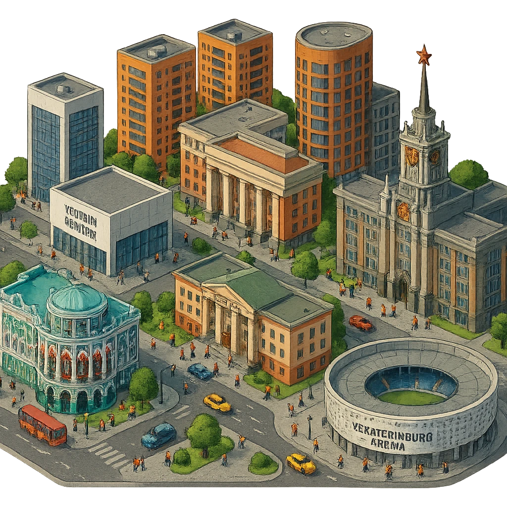 Изометричная миниатюрная фотореалистичная 3D модель Екатеринбурга - Дом Севастьянова, Ельцин-центр, Уральский федеральный университет, дома, Екатеринбург Арена, Медный дом, Здание Свердловского городского совета народных депутатов четкая детализация, яркие цвета, мультяшный реализм, люди, автотранспорт, компактная композиция, вид сверху в изометрии, прозрачный фон emoji