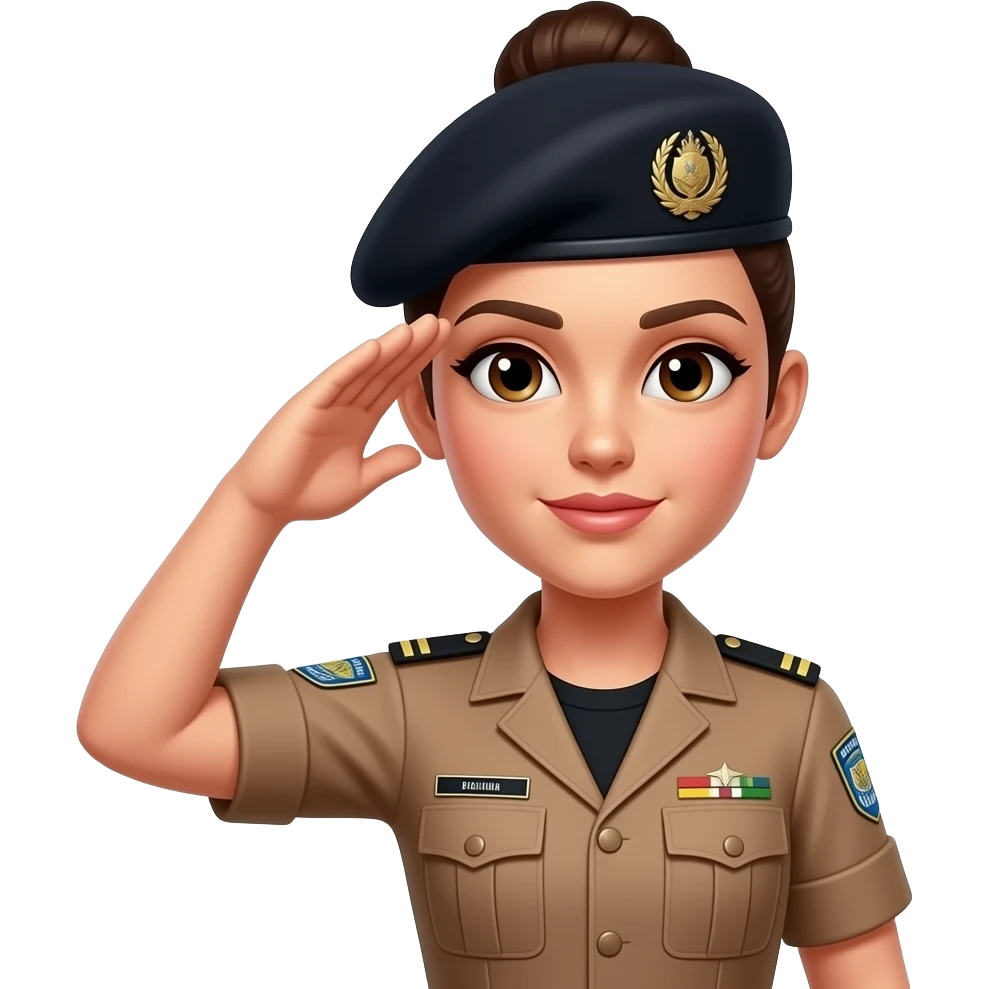 Sargento Gianne Policial militar da bahia feminina morena com cabelo amarrado no coque boina preta e farda marrom e camisa preta por dentro da farda sem enfeites na farda prestando continência emoji