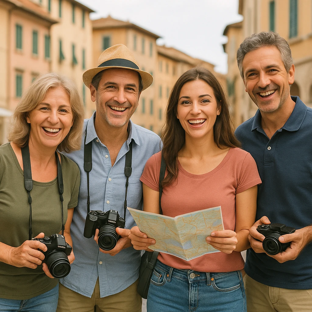 a group of Italian tourists, casual clothing, holding cameras and maps, cheerful expressions, travel vibe emoji