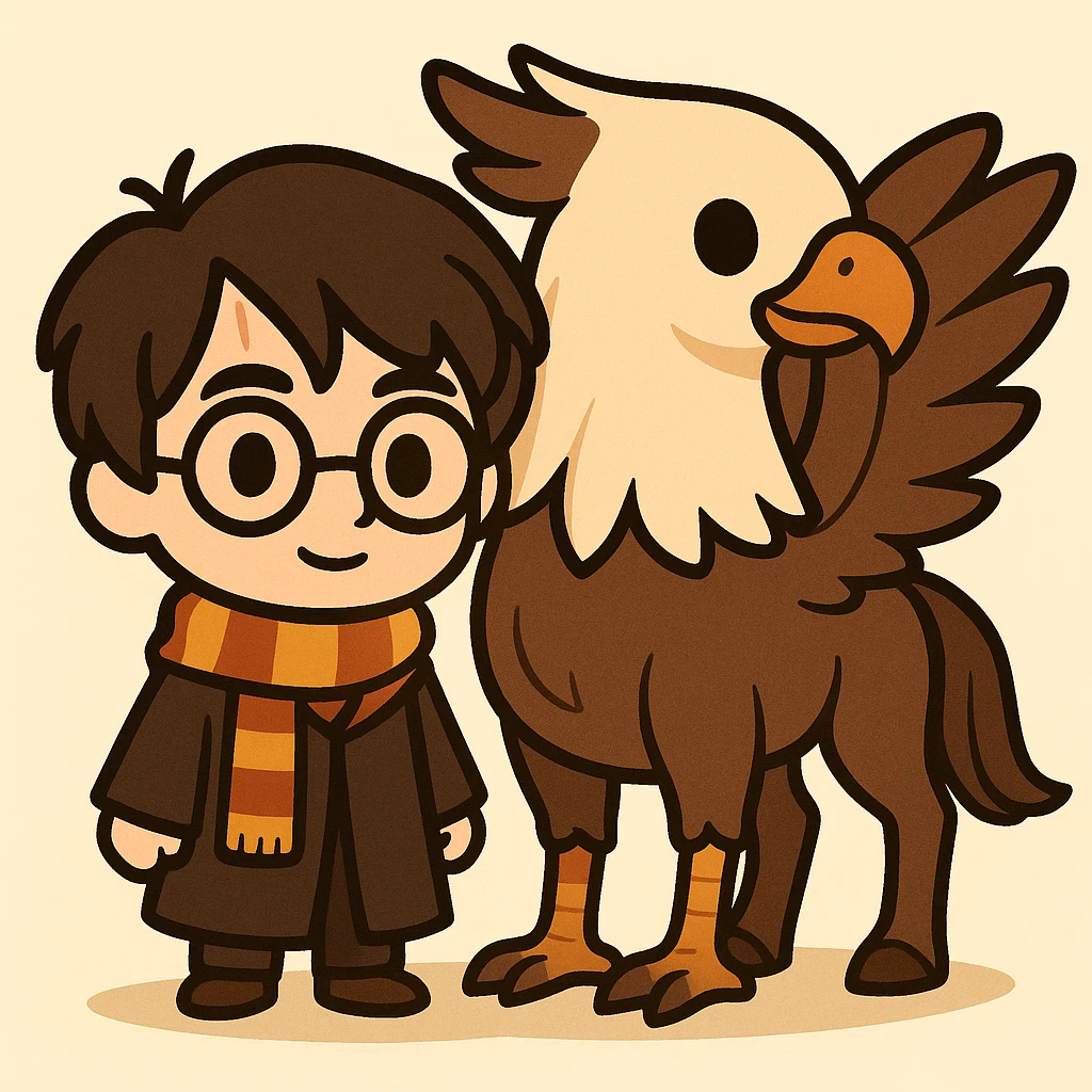 Illustration of Harry Potter and a hippogriff together in a cute, cartoon, simplified style similar to the example. Harry Potter full body with round glasses, scar on forehead, striped scarf, dark brown hair, Hogwarts robe, no wand. Hippogriff next to him with horse body, eagle head and wings, wings clearly visible and proportional, hippogriff clearly larger than Harry Potter. Bold black lines and soft colors. emoji