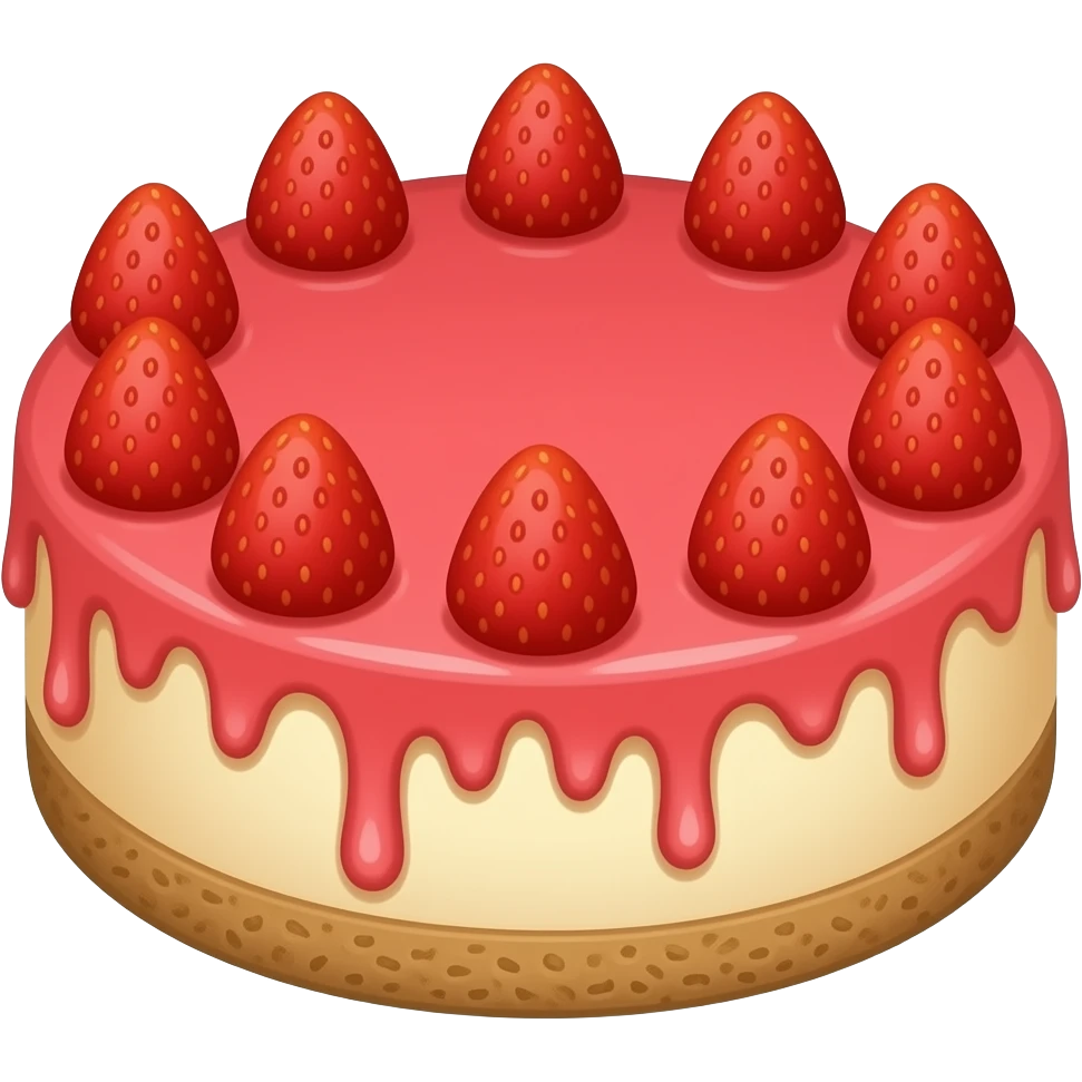A big full circle Cheese cake with gram cracker crust and a strawberry with strawberry purée drizzle emoji